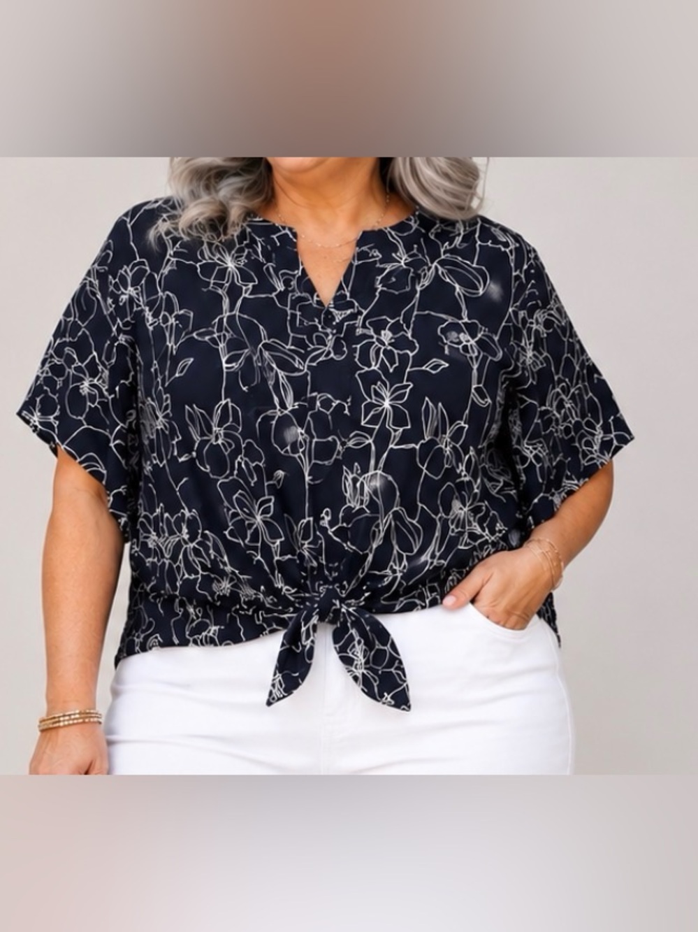 CHICOS Navy and White Floral Light Weight Flutter Sleeve Blouse Size 1(up to 1x)